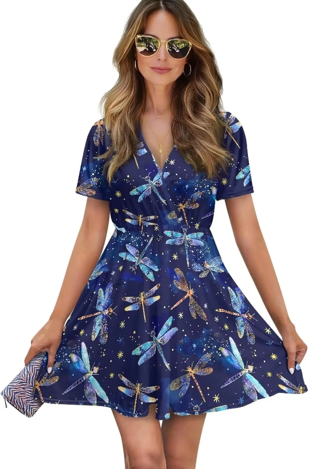 Womens Summer Dresses 2025 Loose V Neck Short Sleeve Sundresses S-2XL