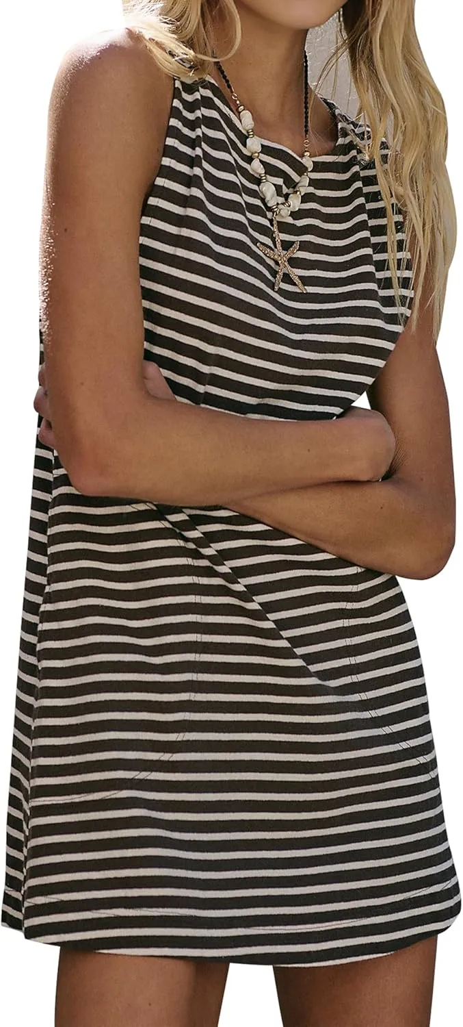 Women's Summer Mini Dress 2025 Striped Sleeveless Sundress Boat Neck Vacation Dress with Pockets