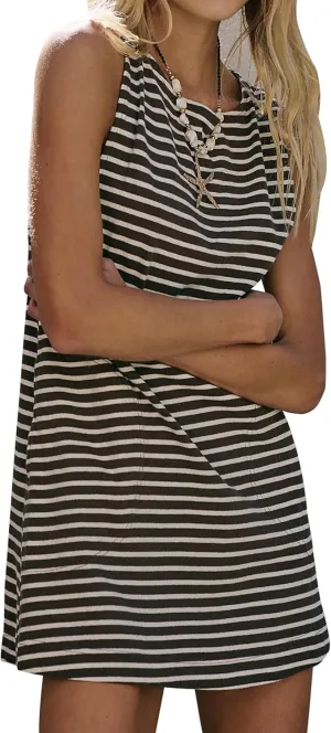 Women's Summer Mini Dress 2025 Striped Sleeveless Sundress Boat Neck Vacation Dress with Pockets