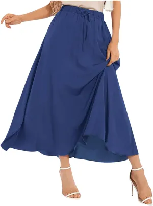 Womens Summer Skirts Casual Flowy Swing Pleated A-Line Drawstring High Waisted Long Midi Skirt Holiday Beach Outfits
