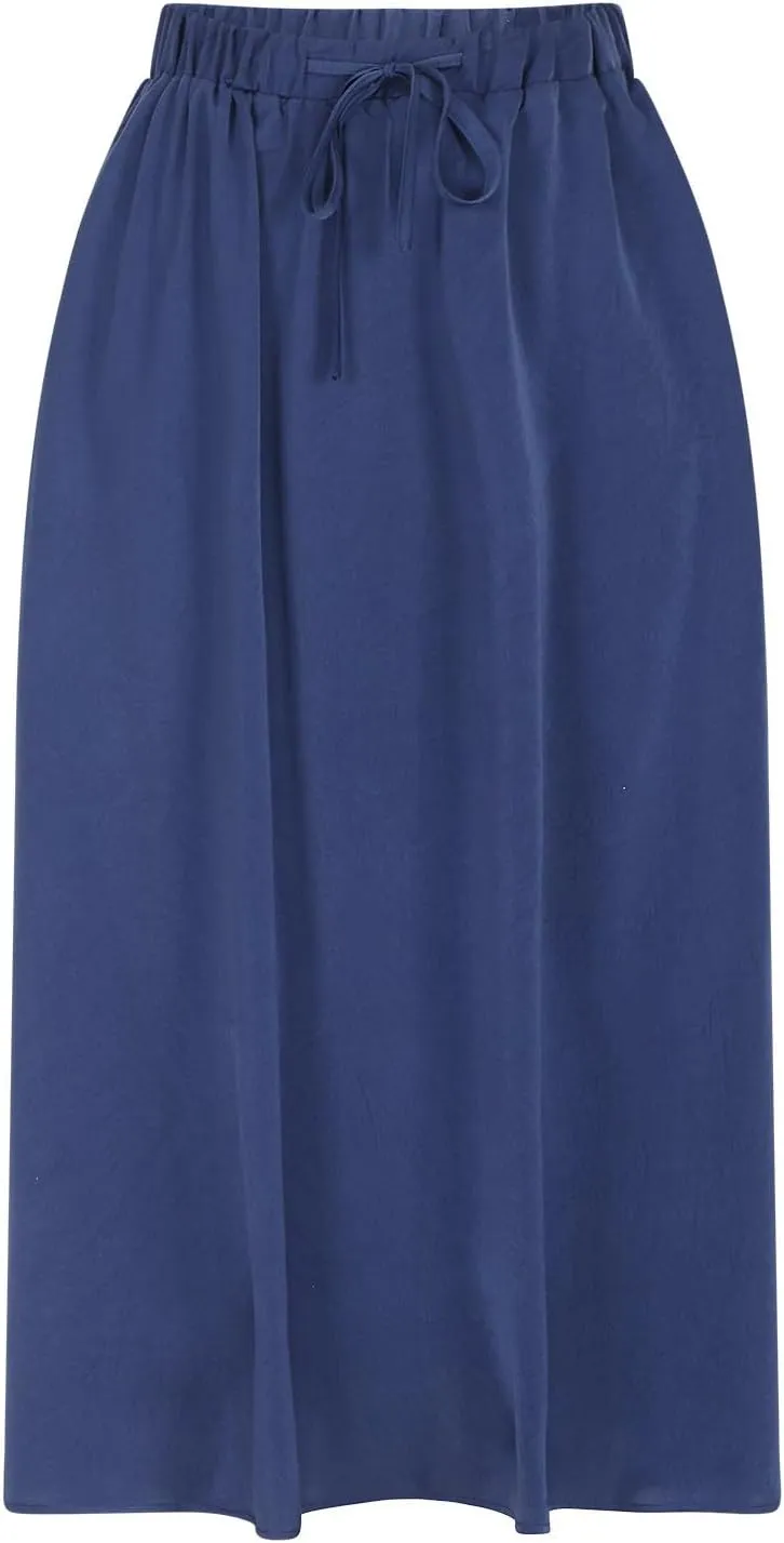 Womens Summer Skirts Casual Flowy Swing Pleated A-Line Drawstring High Waisted Long Midi Skirt Holiday Beach Outfits
