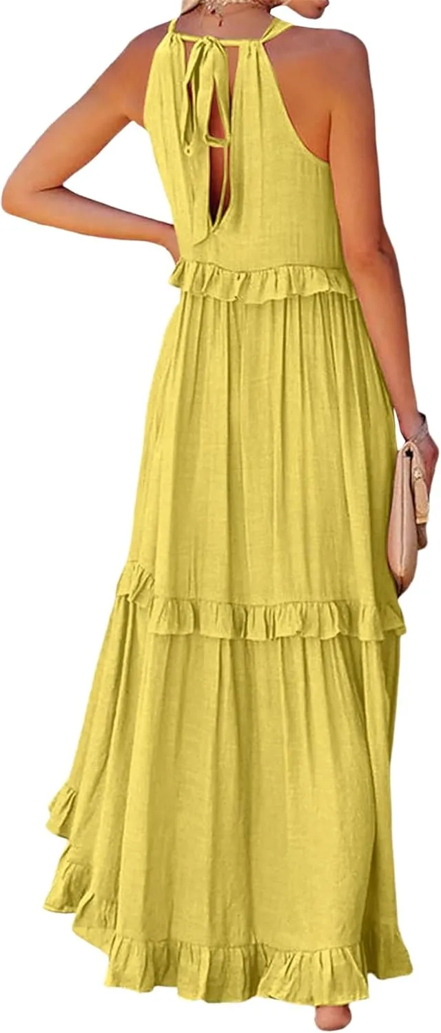 Womens Summer Sleeveless Dress Halter Tie Back Loose Flowy Ruffle Tiered Maxi Dress Beach Swing Long Dresses Sundress