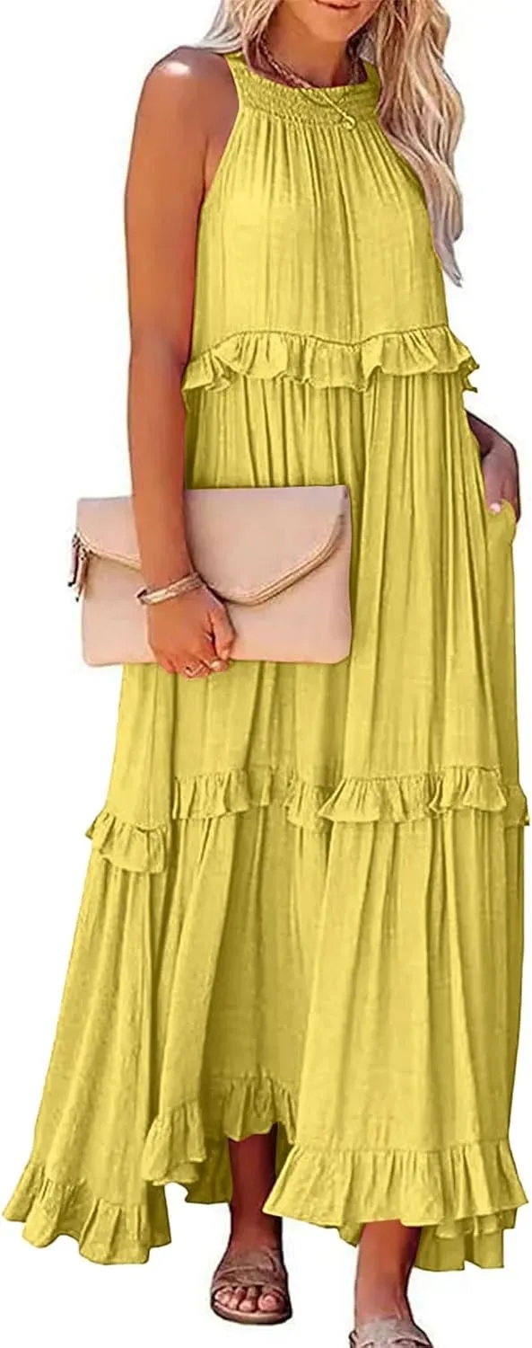Womens Summer Sleeveless Dress Halter Tie Back Loose Flowy Ruffle Tiered Maxi Dress Beach Swing Long Dresses Sundress