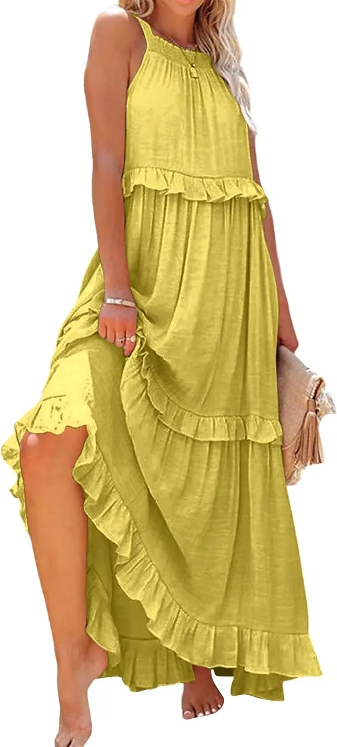 Womens Summer Sleeveless Dress Halter Tie Back Loose Flowy Ruffle Tiered Maxi Dress Beach Swing Long Dresses Sundress