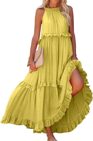 Womens Summer Sleeveless Dress Halter Tie Back Loose Flowy Ruffle Tiered Maxi Dress Beach Swing Long Dresses Sundress
