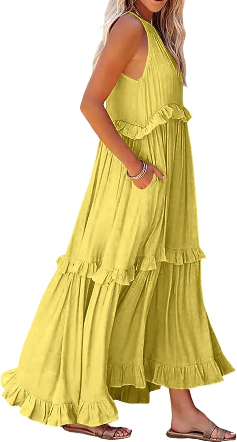 Womens Summer Sleeveless Dress Halter Tie Back Loose Flowy Ruffle Tiered Maxi Dress Beach Swing Long Dresses Sundress
