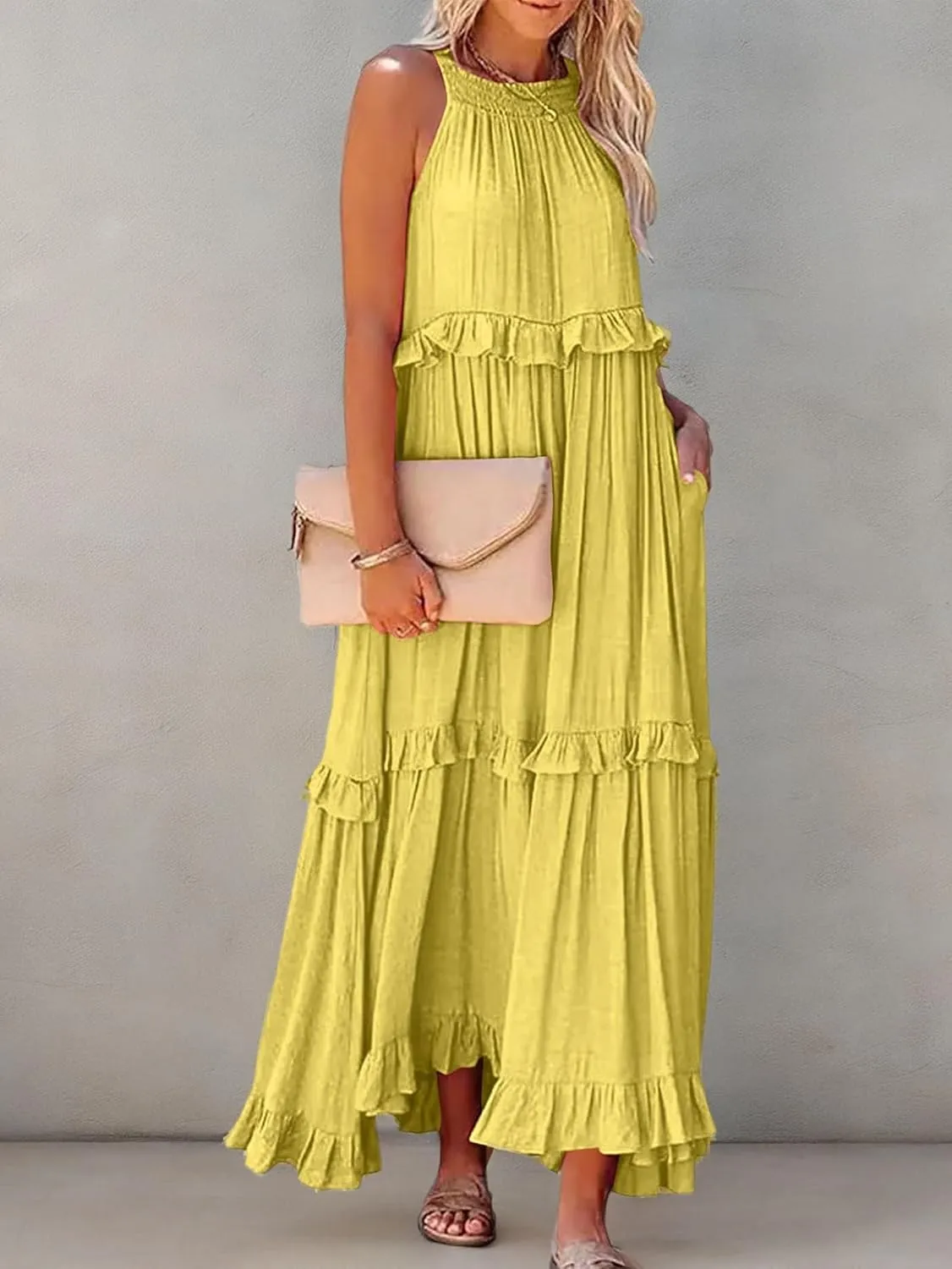 Womens Summer Sleeveless Dress Halter Tie Back Loose Flowy Ruffle Tiered Maxi Dress Beach Swing Long Dresses Sundress