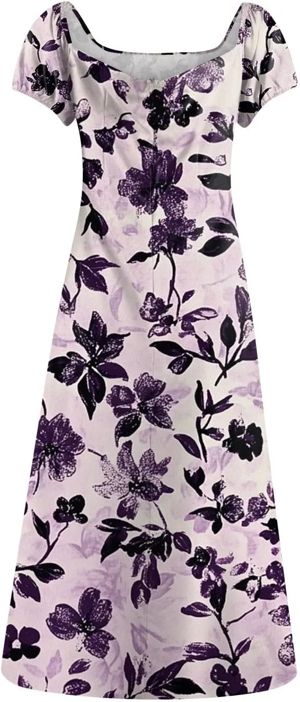 Womens Summer Square Neck Tie Front Sexy Midi Dress Floral Boho Ruffle Sleeve High Slit Flowy Vacation Tshirt Dress