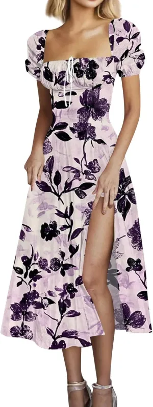 Womens Summer Square Neck Tie Front Sexy Midi Dress Floral Boho Ruffle Sleeve High Slit Flowy Vacation Tshirt Dress