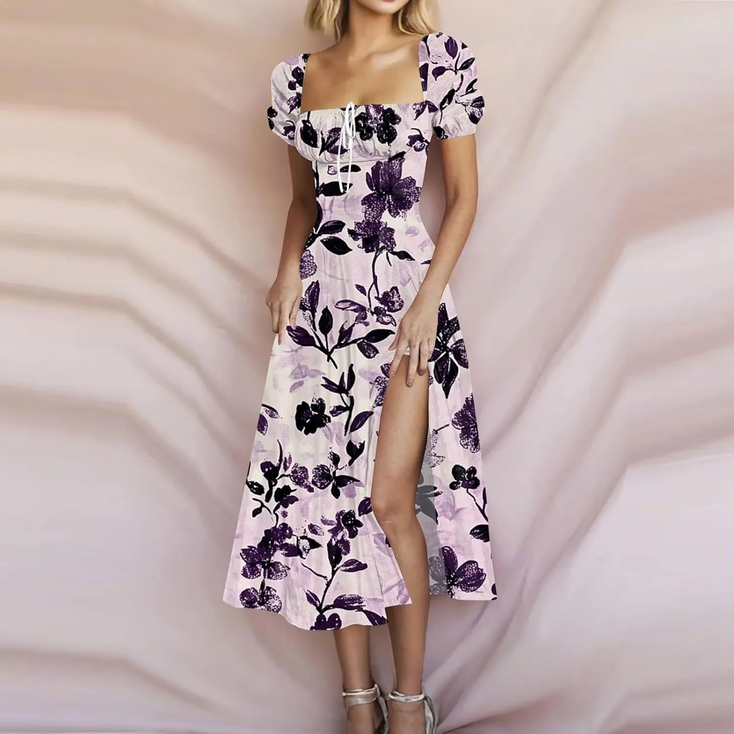 Womens Summer Square Neck Tie Front Sexy Midi Dress Floral Boho Ruffle Sleeve High Slit Flowy Vacation Tshirt Dress