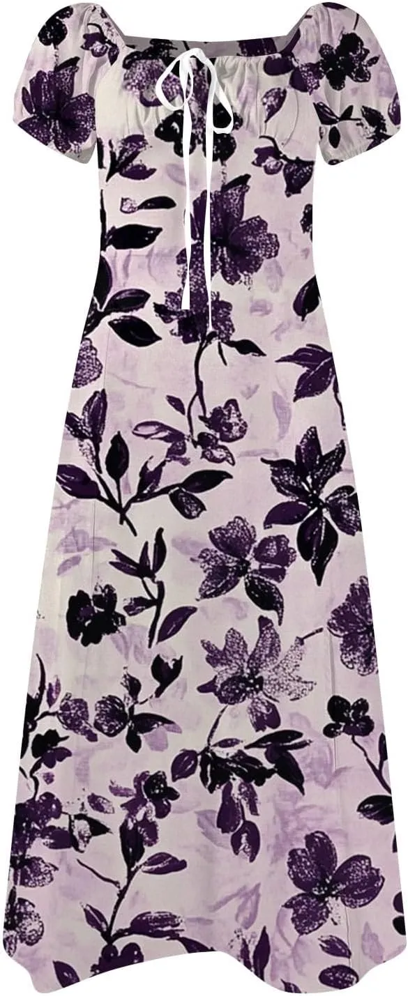 Womens Summer Square Neck Tie Front Sexy Midi Dress Floral Boho Ruffle Sleeve High Slit Flowy Vacation Tshirt Dress