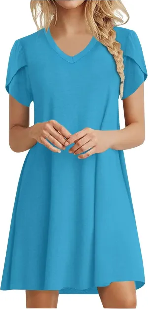 Women's Summer V Neck Mini Dresses 2025 Casual Petal Short Sleeve Flowy Dress Trendy Loose Beach Holiday Dress
