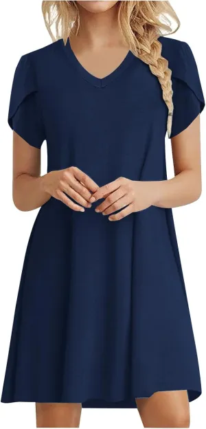 Women's Summer V Neck Mini Dresses 2025 Casual Petal Short Sleeve Flowy Dress Trendy Loose Beach Holiday Dress