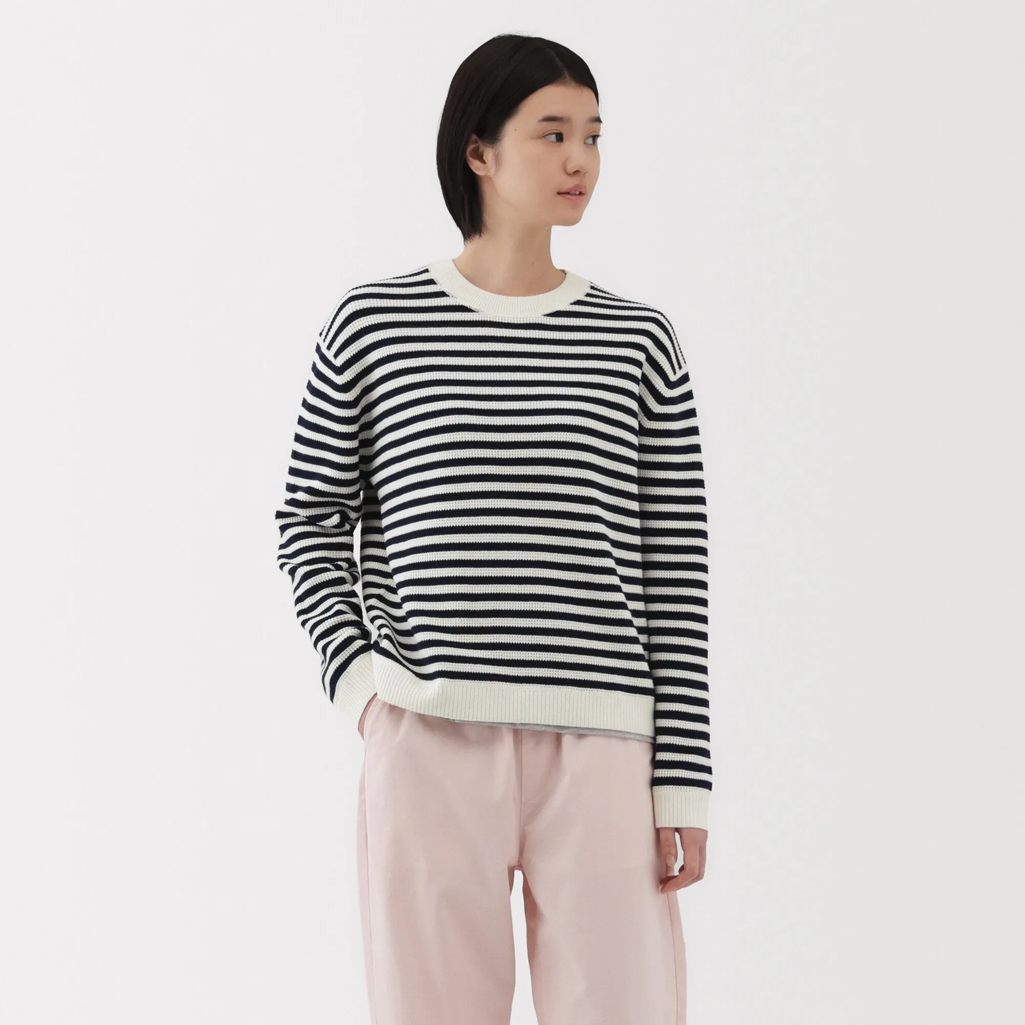 Women's Washable Waffle Knit Crew Neck Striped Sweater
