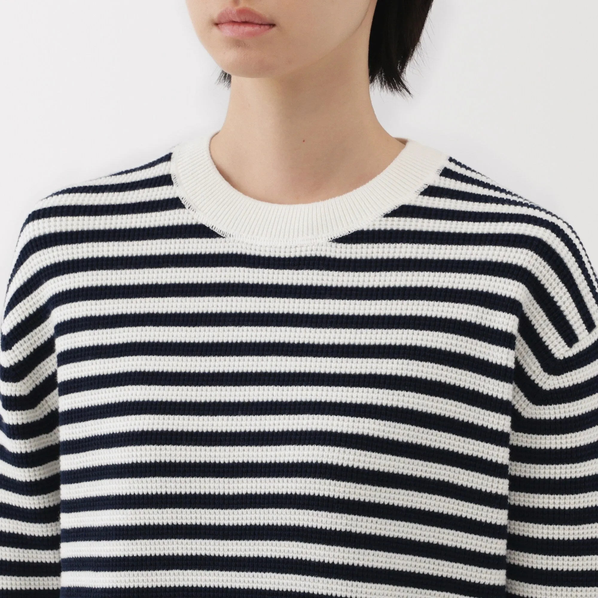 Women's Washable Waffle Knit Crew Neck Striped Sweater