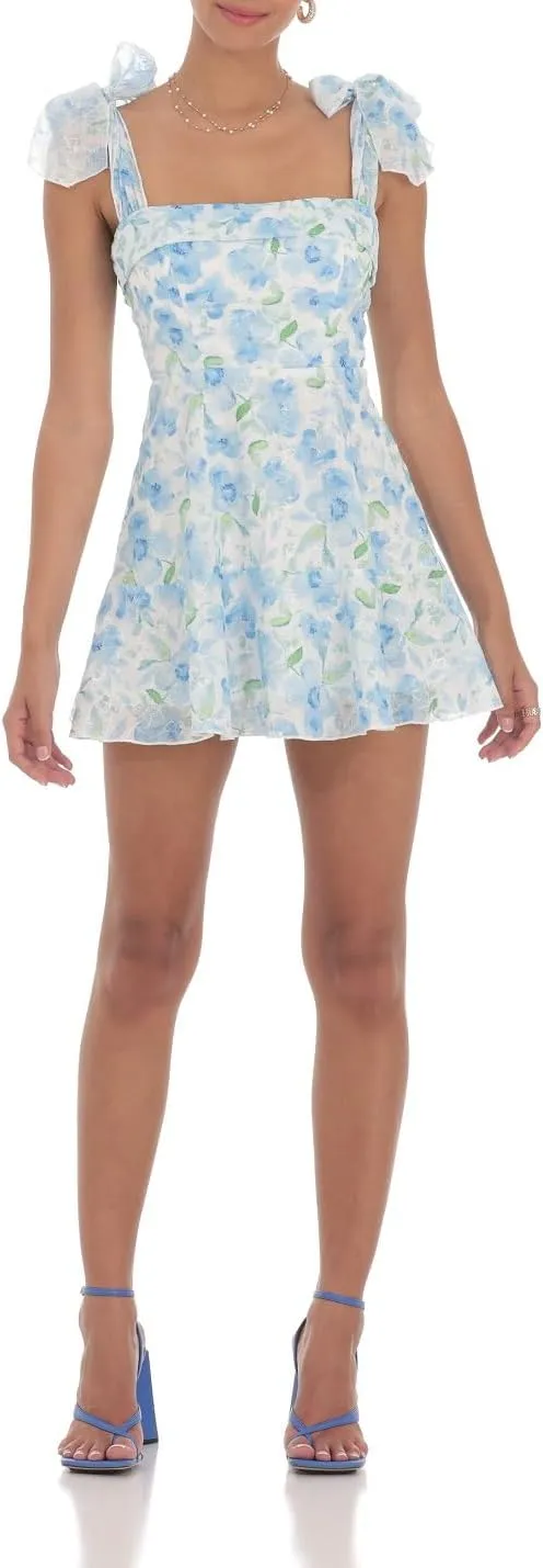 Women's Y2k Floral Print Mini Dress Bow Tie Shoulder Ruffle Babydoll A-Line Sundress Summer Going Out Dress