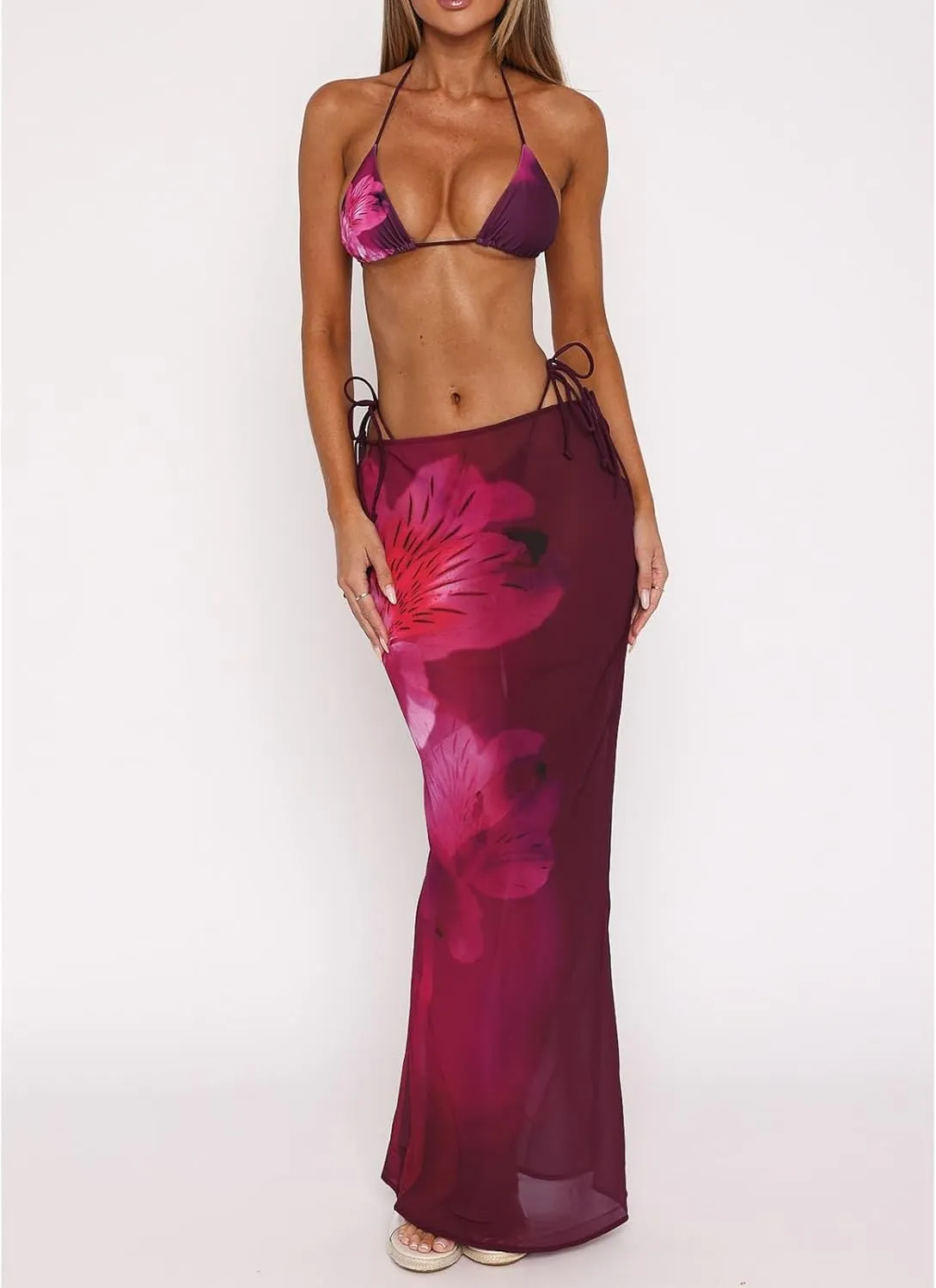Women's Y2K Sheer Lace Skirt Floral Mesh Long Maxi Skirts Cover Up See-Through Beach Skirts Flowy Tulle Skirts