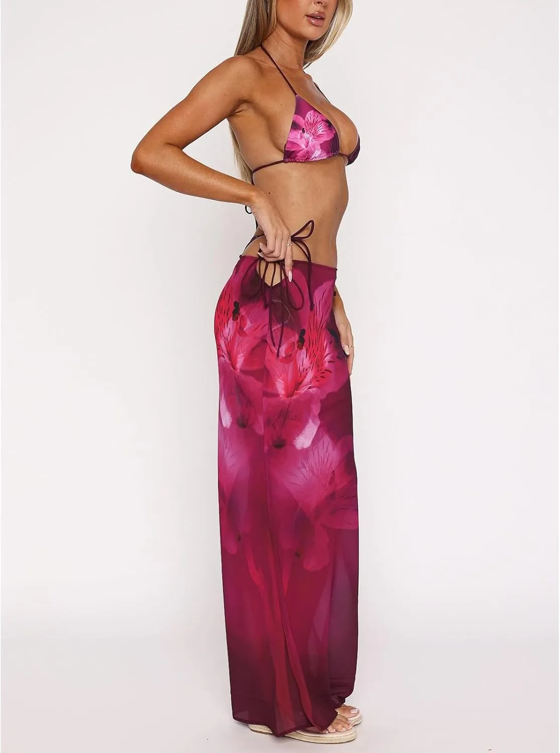 Women's Y2K Sheer Lace Skirt Floral Mesh Long Maxi Skirts Cover Up See-Through Beach Skirts Flowy Tulle Skirts