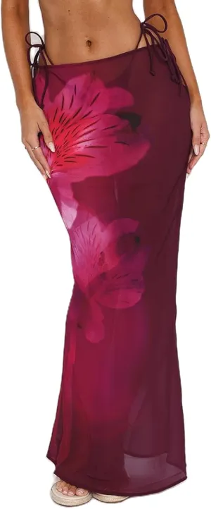 Women's Y2K Sheer Lace Skirt Floral Mesh Long Maxi Skirts Cover Up See-Through Beach Skirts Flowy Tulle Skirts