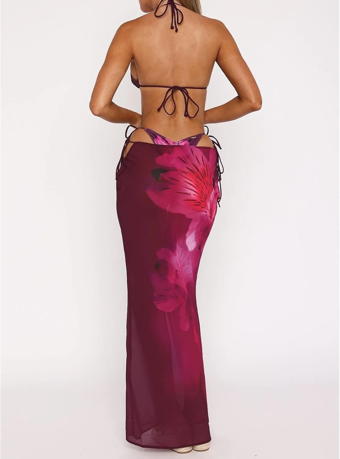 Women's Y2K Sheer Lace Skirt Floral Mesh Long Maxi Skirts Cover Up See-Through Beach Skirts Flowy Tulle Skirts