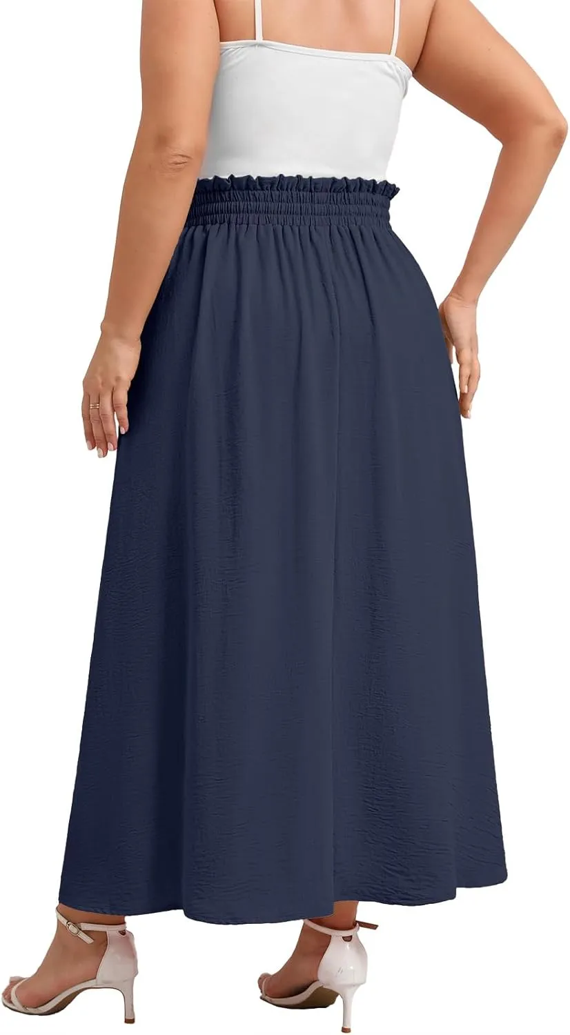 Xpenyo Womens Plus Size Maxi Skirts Summer Elastic High Waisted Boho Casual Beach Flowy Swing Long Skirts with Pockets