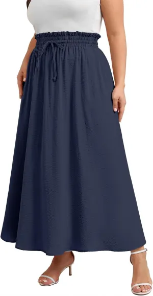 Xpenyo Womens Plus Size Maxi Skirts Summer Elastic High Waisted Boho Casual Beach Flowy Swing Long Skirts with Pockets