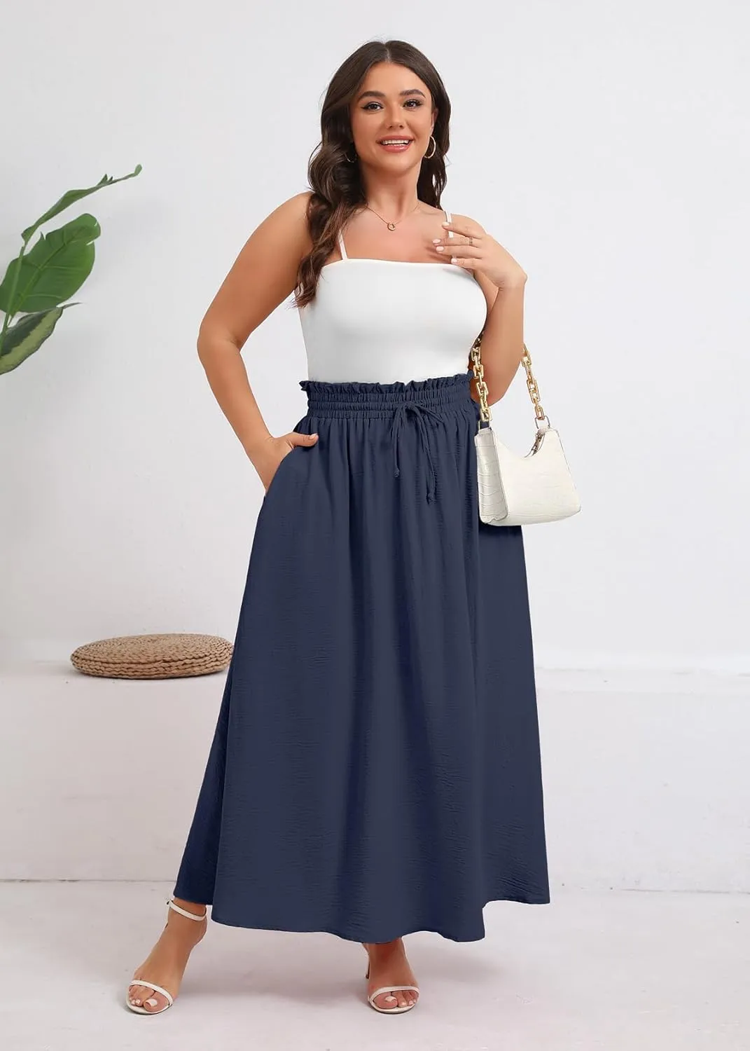Xpenyo Womens Plus Size Maxi Skirts Summer Elastic High Waisted Boho Casual Beach Flowy Swing Long Skirts with Pockets
