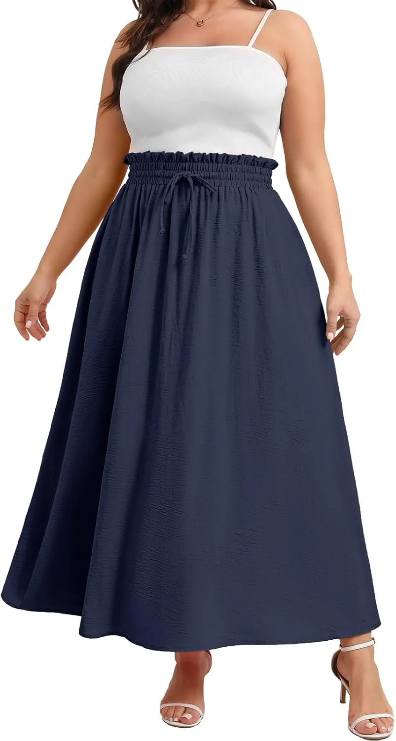 Xpenyo Womens Plus Size Maxi Skirts Summer Elastic High Waisted Boho Casual Beach Flowy Swing Long Skirts with Pockets