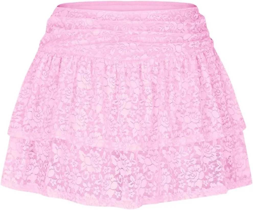 Y2K Lace Mini Skirt for Women Pleated Layered Flowy Skirt Sexy Lace High Waisted Ruffles Lingerie Short Skirts