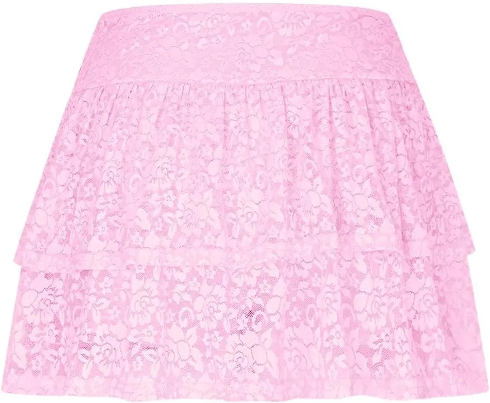 Y2K Lace Mini Skirt for Women Pleated Layered Flowy Skirt Sexy Lace High Waisted Ruffles Lingerie Short Skirts