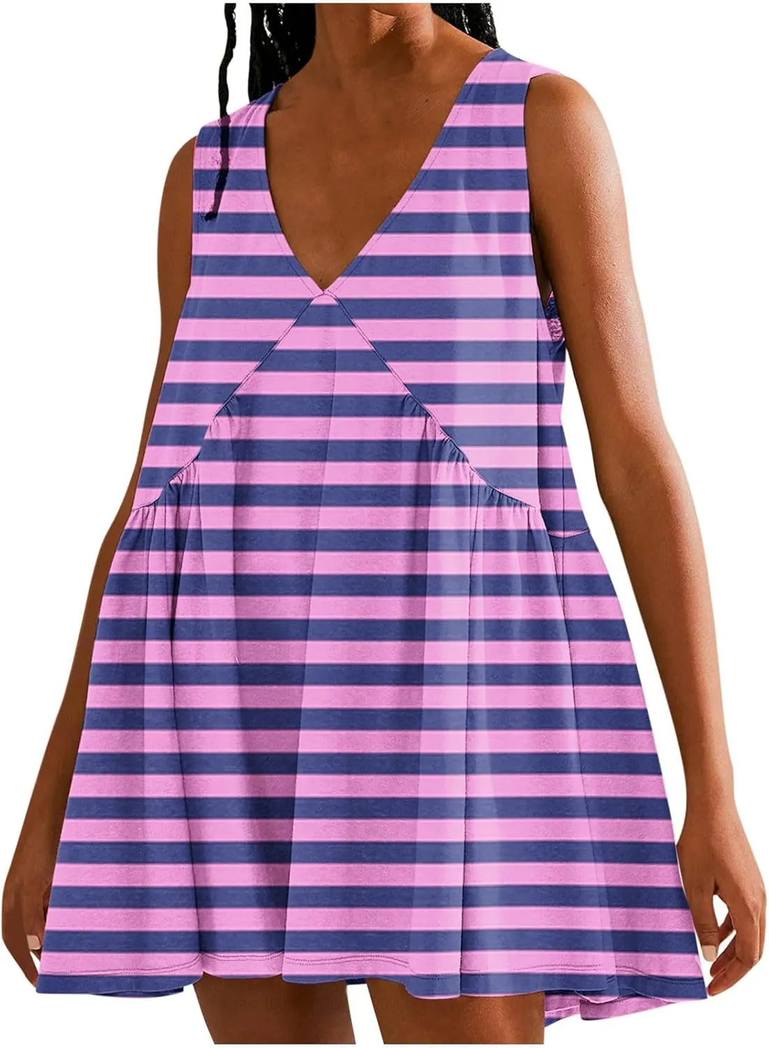 ZDRZK Flowy Dresses for Women Summer Stripes Casual Sleeveless Mini Dress 2024 Babydoll Swing Pleated Beach Sundresses