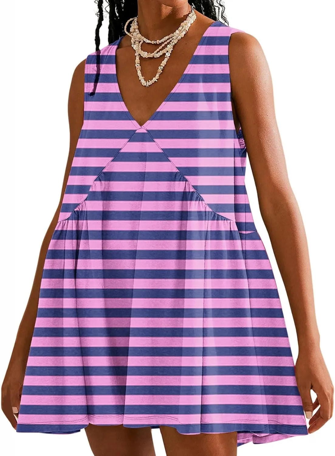 ZDRZK Flowy Dresses for Women Summer Stripes Casual Sleeveless Mini Dress 2024 Babydoll Swing Pleated Beach Sundresses