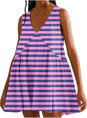 ZDRZK Flowy Dresses for Women Summer Stripes Casual Sleeveless Mini Dress 2024 Babydoll Swing Pleated Beach Sundresses