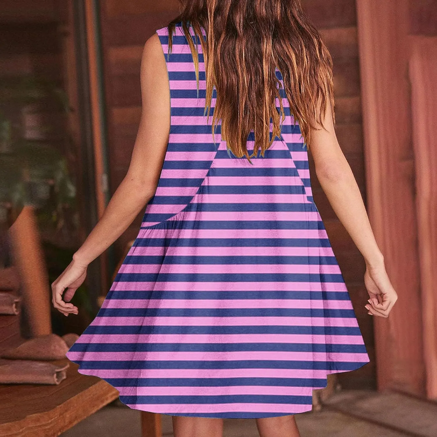 ZDRZK Flowy Dresses for Women Summer Stripes Casual Sleeveless Mini Dress 2024 Babydoll Swing Pleated Beach Sundresses