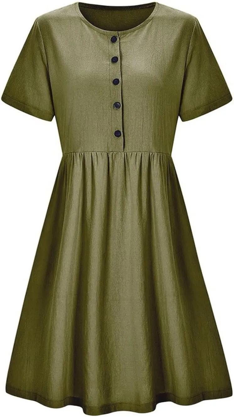ZDRZK Women Summer Dresses with Plus Size Short Sleeve Button Down Sundresses Casual Pleated Cotton Linen Pocketed Dress