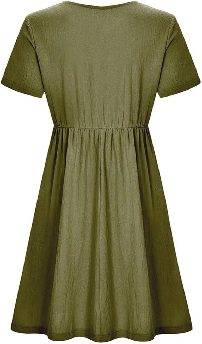 ZDRZK Women Summer Dresses with Plus Size Short Sleeve Button Down Sundresses Casual Pleated Cotton Linen Pocketed Dress
