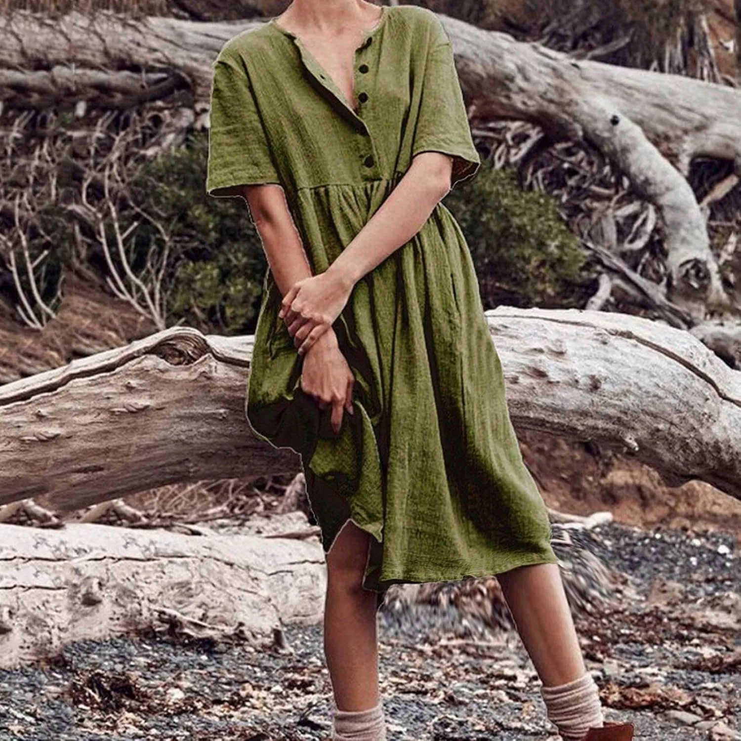 ZDRZK Women Summer Dresses with Plus Size Short Sleeve Button Down Sundresses Casual Pleated Cotton Linen Pocketed Dress