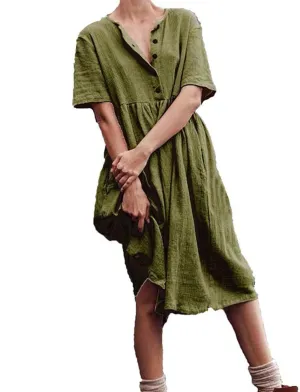 ZDRZK Women Summer Dresses with Plus Size Short Sleeve Button Down Sundresses Casual Pleated Cotton Linen Pocketed Dress