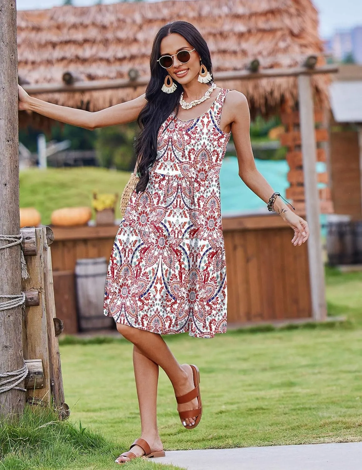 Zeagoo Womens Summer Sundress Boho Floral Casual Tank Dresses with Pockets Sleeveless Tiered Swing A Line Beach Dress