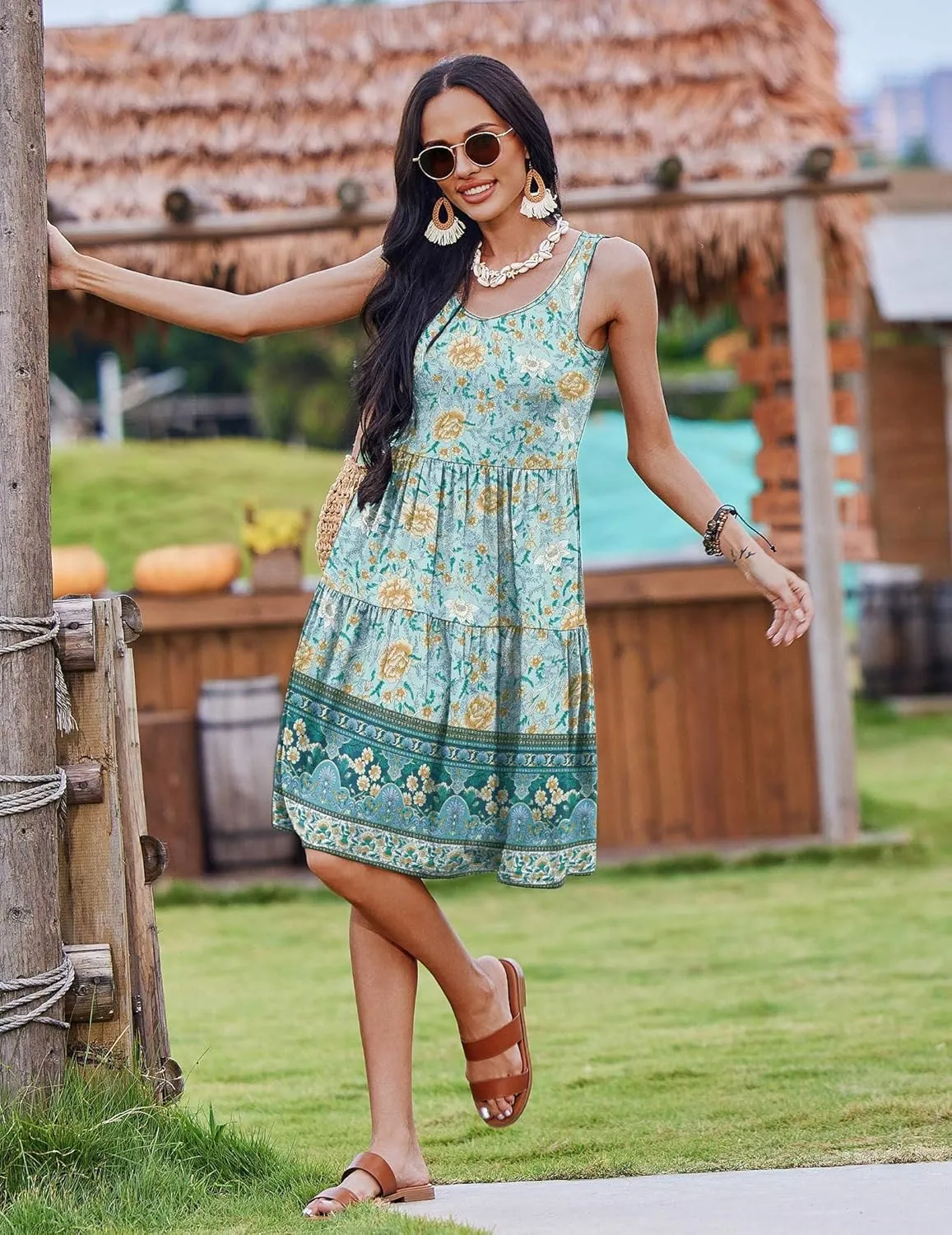 Zeagoo Womens Summer Sundress Boho Floral Casual Tank Dresses with Pockets Sleeveless Tiered Swing A Line Beach Dress